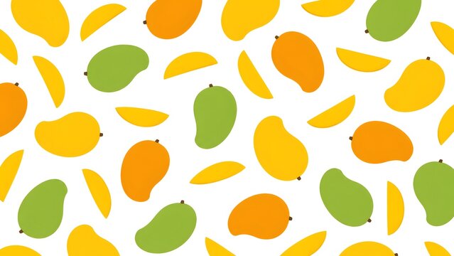 Seamless pattern with mango fruits and slices isolated on white background