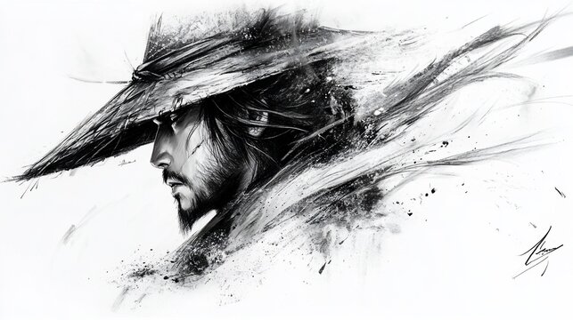 A grayscale art of a man wearing a hat, looking downward, with abstract, energetic strokes