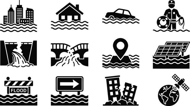 Flooding water vector bundle flooded city house car bridge and emergency icons