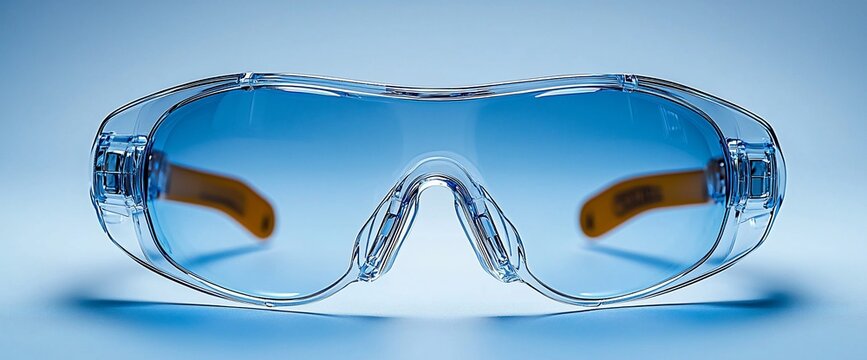 Clear safety glasses, studio shot, blue background, protection