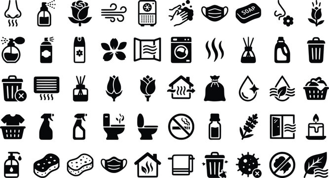 Air freshener and odor control icons set, 50 black glyph symbols for fragrance and hygiene, household cleaning and scent diffuser vector collection