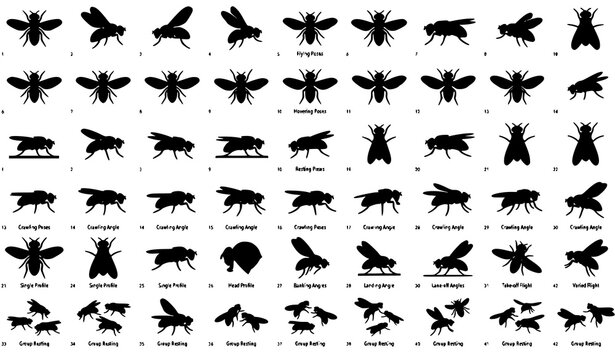Fruit Fly Silhouette Vector Collection with Various Insect Poses