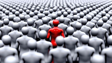 Fototapeta premium Conceptual 3D illustration of a red humanoid figure standing out from a large crowd of grey figures