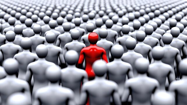 Conceptual 3D illustration of a red humanoid figure standing out from a large crowd of grey figures