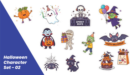 Fototapeta premium Cute Kawaii Halloween Character Cartoon Sticker Collection