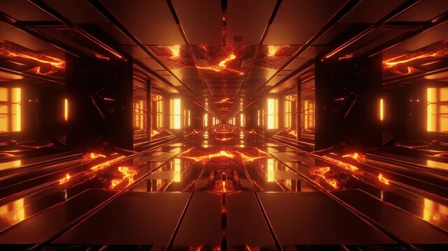 Perspective view along a symmetrical futuristic corridor with rows of glowing orange lights on the walls and ceiling casting reflections onto the polished dark floor
