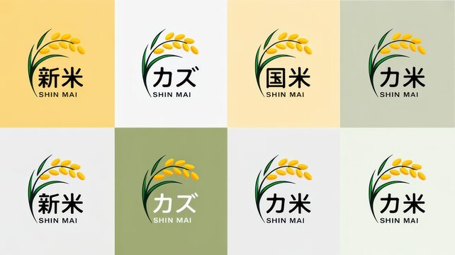 Collection of Japanese rice logos with stylized rice stalk illustrations and text