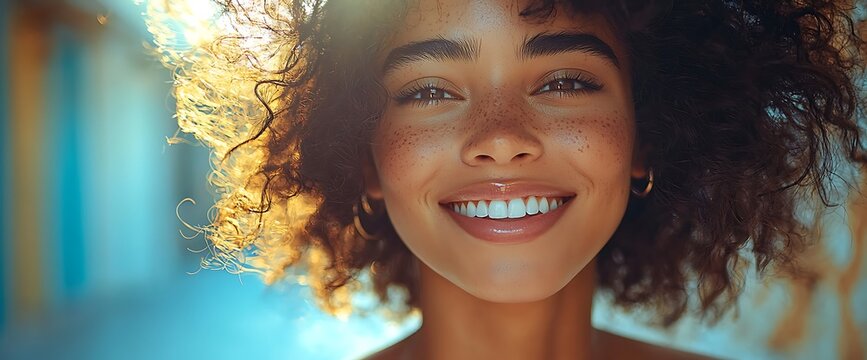Happy woman, curly hair, sunny day, blurred background, beauty ad