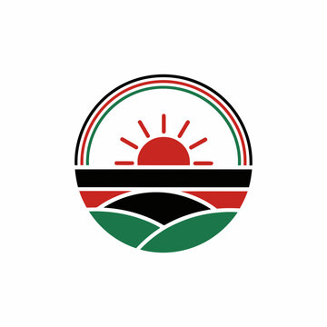 Minimalist juneteenth emblem featuring a rising sun over abstract hills in red black and green colors for commemorative freedom celebration graphic design