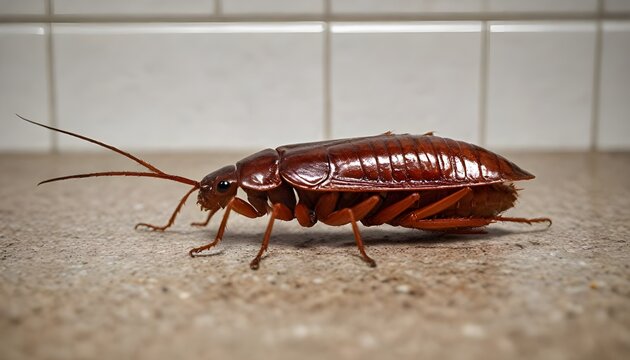 Close up macro shot of an American cockroach on a kitchen counter.