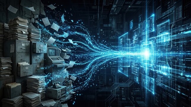 Digital Transformation Concept: Data streams from stacks of old files and analog technology flow into a futuristic digital interface, symbolizing the transition to a modern, data-driven era.