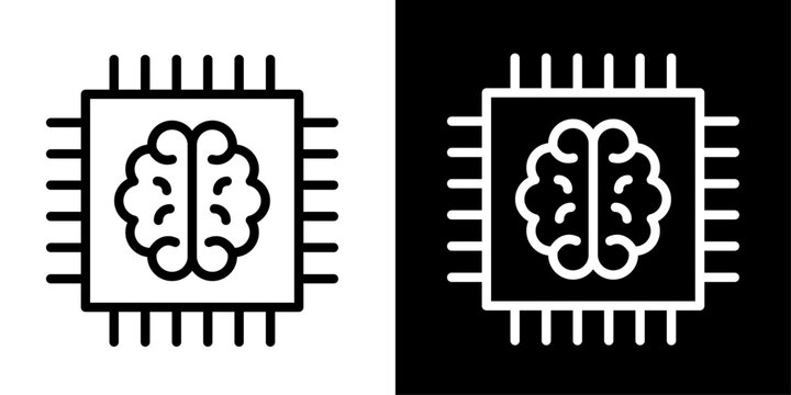 AI neural processor icon featuring brain inside microchip representing artificial intelligence, cognitive computing, neural processing, and smart hardware.