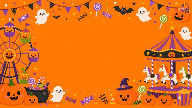 Halloween carnival background with cute ghosts, pumpkins, carousel, ferris wheel and candies