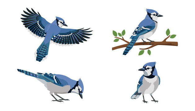Blue jay vector set with bird flying sitting on tree branch perched and foraging isolated on white background