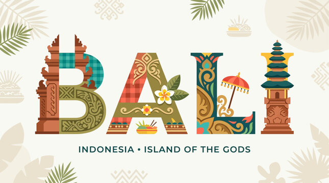 A modern flat design illustration featuring the word "BALI" stylized with traditional Balinese patterns and cultural motifs, perfect for event branding. This vector art embodies the essence of the Bal