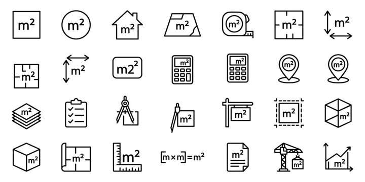 Metric area unit icons for architecture and construction. Black line symbols for square meters calculation and floor planning. Professional building measurement tools vector set. vector illustration.