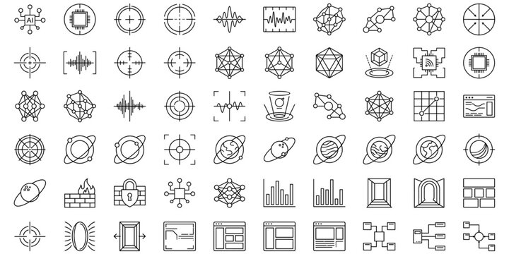 Set of technology and science line icons, including AI, network, target, data, security, firewall. Technology and science line icons, ai, network, target, data, security. vector illustration.
