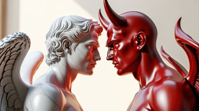 Symbolic Contrast of Angel and Demon Statues, Isolated on White Background