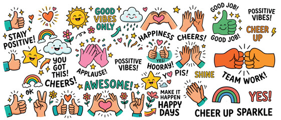 Fototapeta premium Colorful sticker collection with hand gestures and positive typography art. Cheerful doodles perfect for enhancing notebooks planners and school supplies. vector illustration.