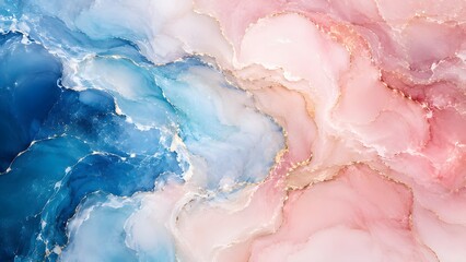 Obraz premium Abstract fluid art background with flowing blue and pink alcohol ink waves and gold glitter veins