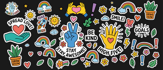 Naklejka premium Vibrant sticker pack featuring hand signs plants and colorful rainbows art. Playful sticker assortment highlighting hand signs potted plants cheerful rainbows stars hearts and positive affirmations.