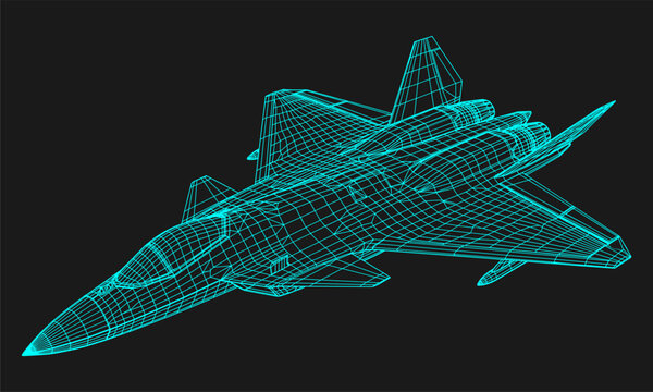 Digital 3d blueprint of advanced supersonic aircraft shown in neon blue lines. Wireframe model of modern fighter jet on dark background technology. vector illustration.
