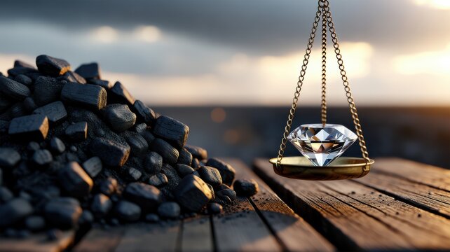 Diamond on a golden scale next to a heap of coal on a wooden table at sunset