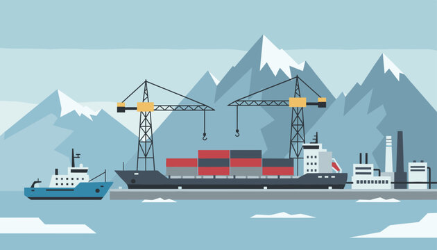 Industrial container port in an arctic region with loading cranes, a cargo ship, and snowy mountain peaks.