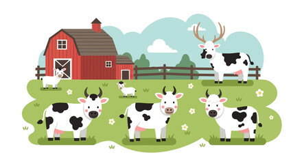 Fototapeta premium Cartoon farm animals including cows, sheep, and a deer-like creature grazing on a vibrant green pasture.