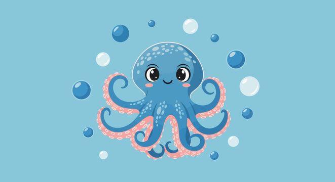 Cute blue cartoon octopus with a happy expression and eight tentacles.