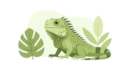 Obraz premium Vibrant green iguana depicted in a captivating flat design illustration, posed peacefully amidst stylized tropical leaves, ideal for nature and wildlife projects