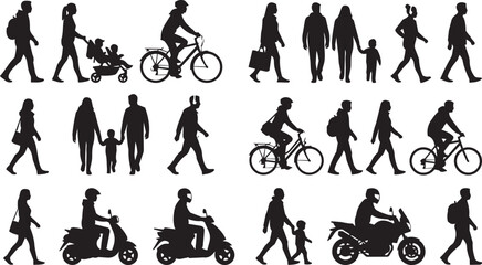 Silhouettes of people walking cycling and riding scooters against white background © SDR