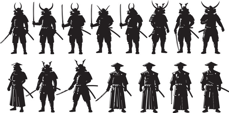 Silhouettes of samurai warriors in traditional armor holding swords against a white background