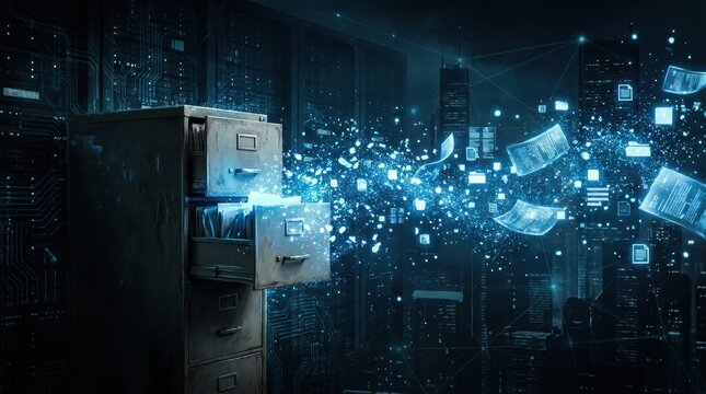 Digital Data Overflow: An antique filing cabinet bursts with glowing blue digital data, representing the overwhelming flow of information in the modern age.