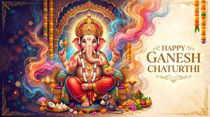Obraz premium Happy Ganesh Chaturthi Creative Illustration of Lord Ganesha Traditional Hindu Festival Celebration Greeting Card Design