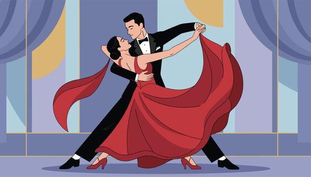 Elegant dancing couple performing passionate tango on stage with woman in flowing red dress and man in tuxedo.