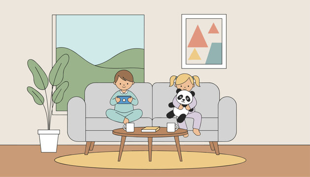 Young brother and sister relaxing on living room couch with boy using tablet and girl holding stuffed panda toy.