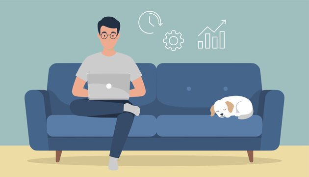 Young man with glasses works on his laptop while sitting on a comfortable blue sofa next to his sleeping puppy.