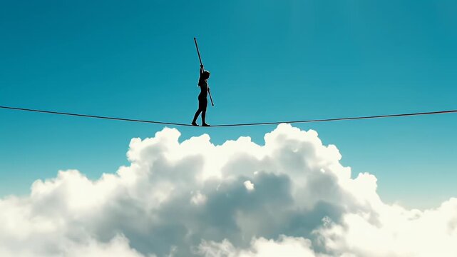 A lone silhouette walks a tightrope high above fluffy white clouds, bright blue sky