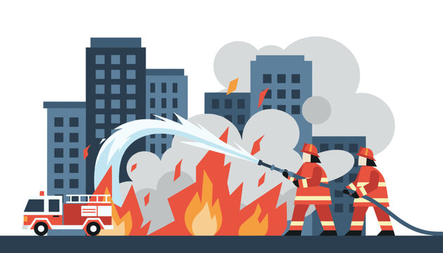 Brave firefighters spray water from high-pressure hose to extinguish a raging fire in a burning city building.