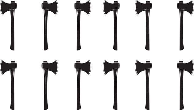 Twelve black axes arranged in two rows against a white background representing a collection