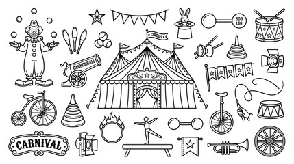 Carnival Circus Elements Doodle Art Collection: Clown, Tent, Cannon, Bicycle, Unicycle © Budi