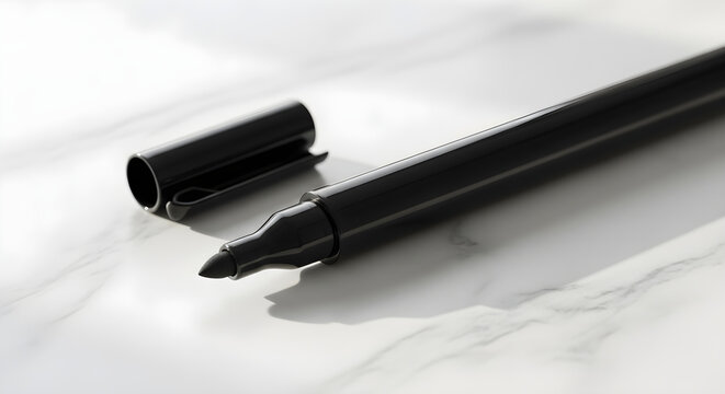 Black marker pen with cap removed on white marble surface for office school or art projects
