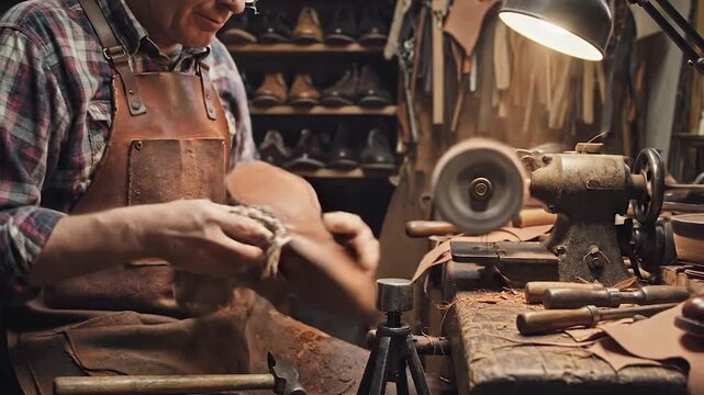 Leather boot is shaped on a workbench in a warm workshop