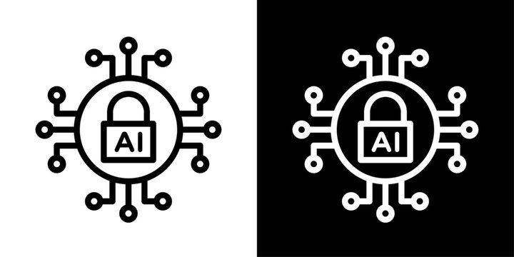 AI security icon featuring protected AI processor with padlock representing cybersecurity, secure computing, data protection, and trusted AI.