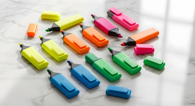 Colorful highlighters on a white marble desk for office and school supplies