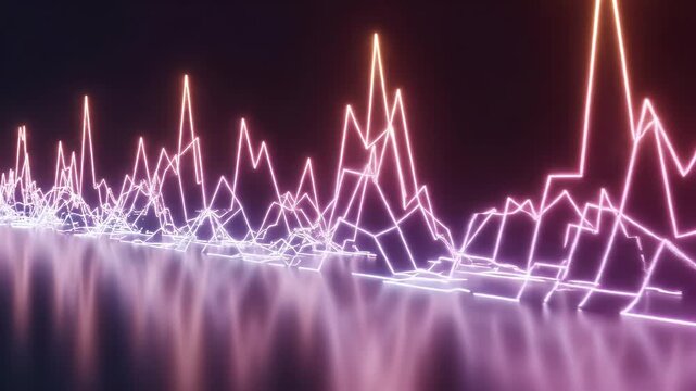 Neon abstract lines form a fluctuating digital waveform on a reflective surface