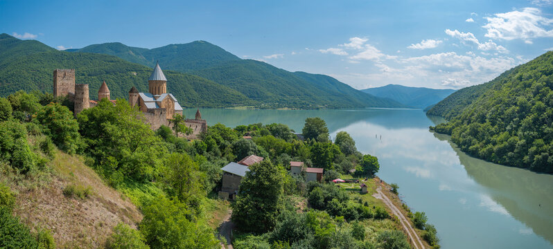  Panoramic view of Ananuri fortress by Zhinvali reservoir in Georgia with copy space