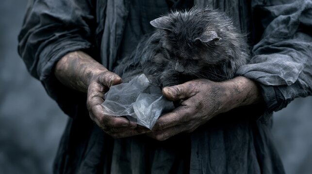 Dirty hands of a person gently hold a wet grey cat and crumpled plastic in a somber muted setting