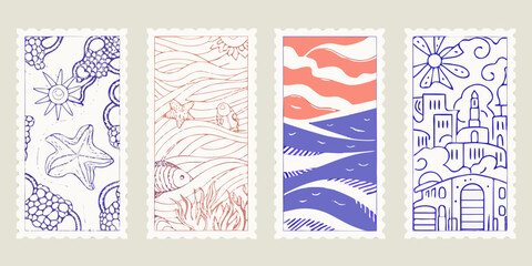 set of four illustrated bookmarks with ocean themes and decorative patterns waves seashells starfish coral flowers buildings © RanjanKumar